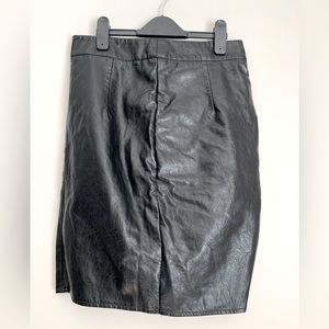 Beulah Black Faux Leather Pencil Skirt With Slit In Back